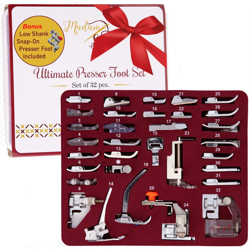 Madam Sew Presser Foot Set 32 PC Set | The ONLY Sewing Machine Presser Foot Kit with Manual & Deluxe Storage Case | Numbered Slots for Organization | Compatible with Most Brother Sewing Machine Feet - Image 1
